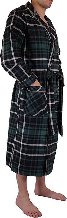 Men's Full Length House Robe Cotton Flannel Brush Plaid with Hoodie