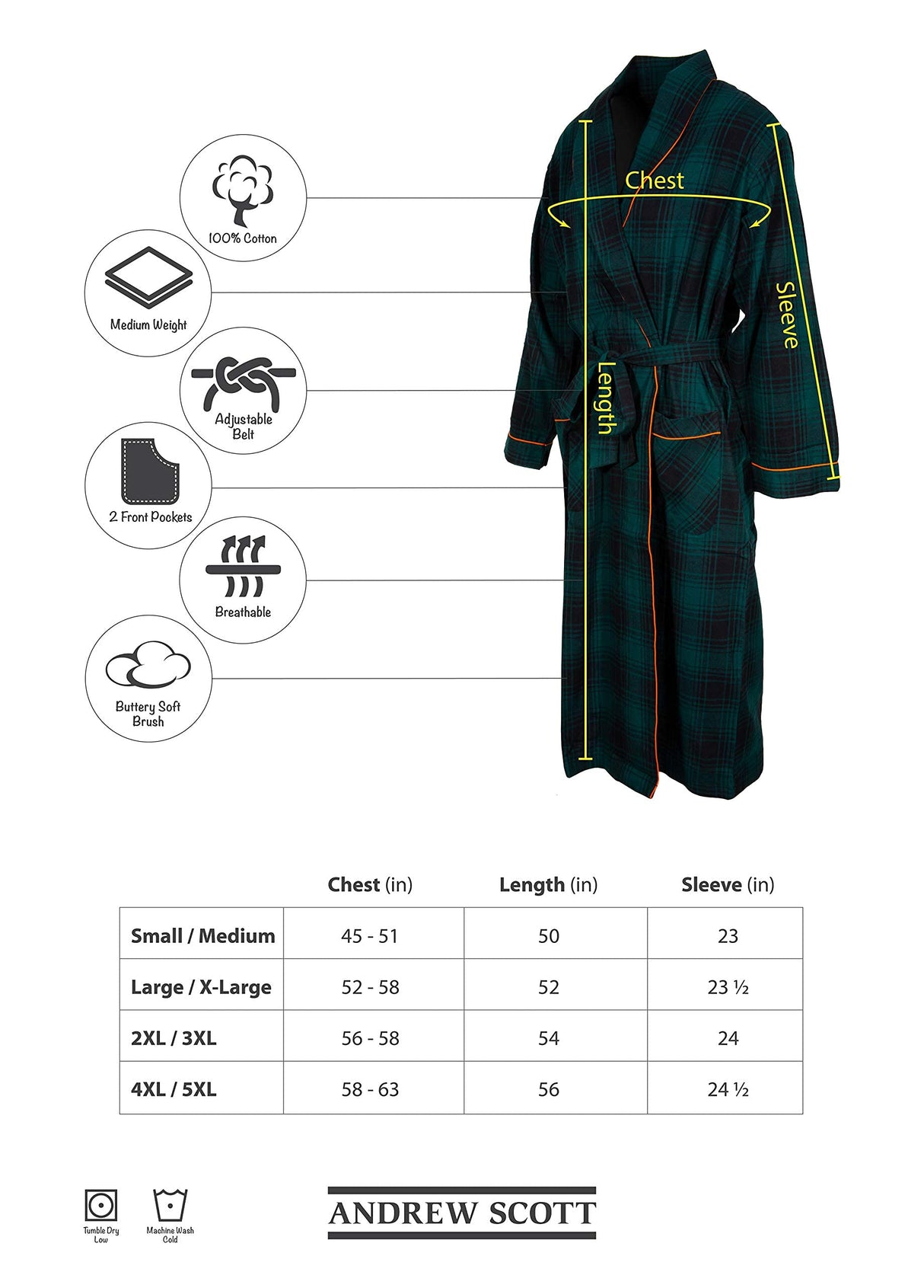 Mens' Full Length House Robe Cotton Flannel Brush Plaid