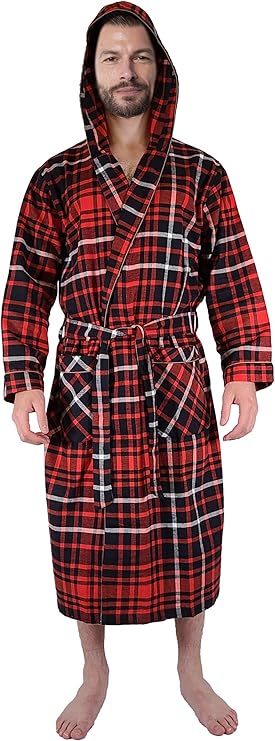 Men's Full Length House Robe Cotton Flannel Brush Plaid with Hoodie
