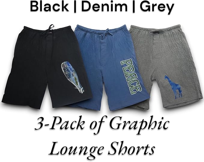 Men's Soft & Light Cotton Drawstring Yoga Lounge & Sleep Jam Shorts/Jersey Shorts with Pockets (3 Pack)