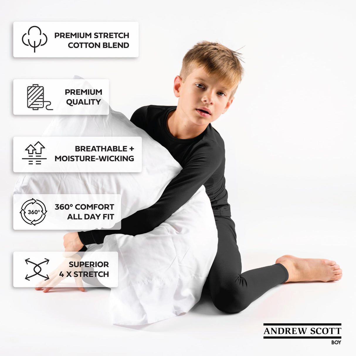 Boys Long Sleeve Cotton Base Layer Stretch Performace Tops