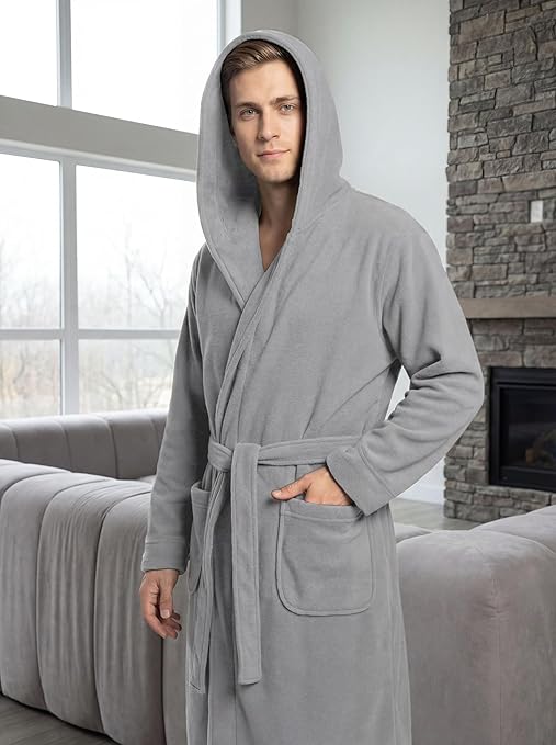 Men's Hooded Plush Fleece Bathrobe