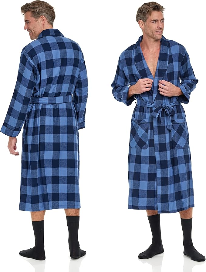 Mens' Full Length House Robe Cotton Flannel Brush Plaid