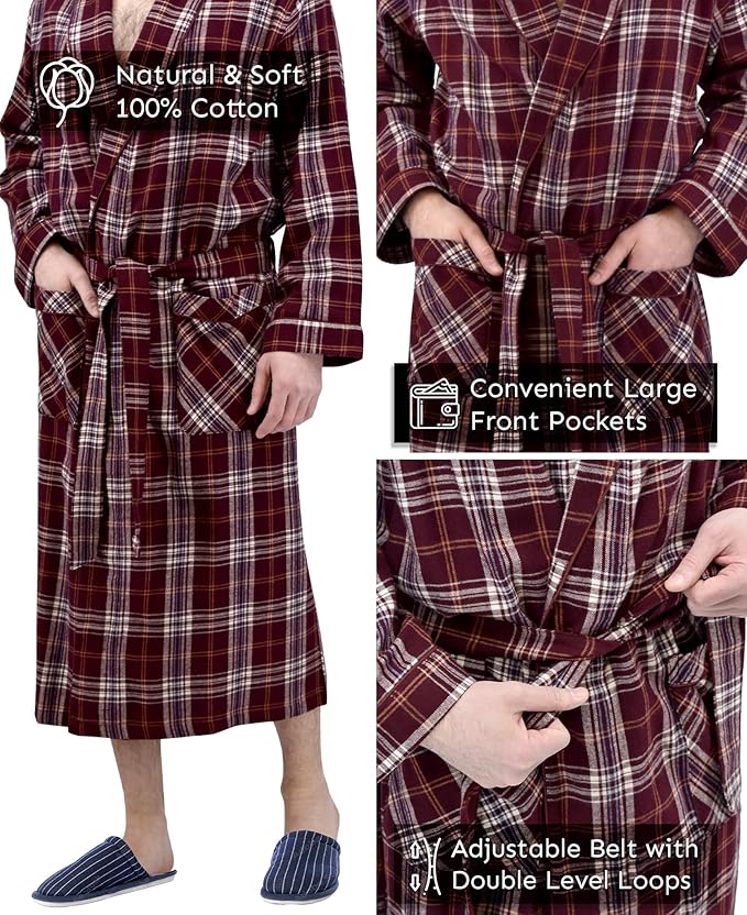 Men's Full Length House Robe Cotton Flannel Brush Plaid with Hoodie