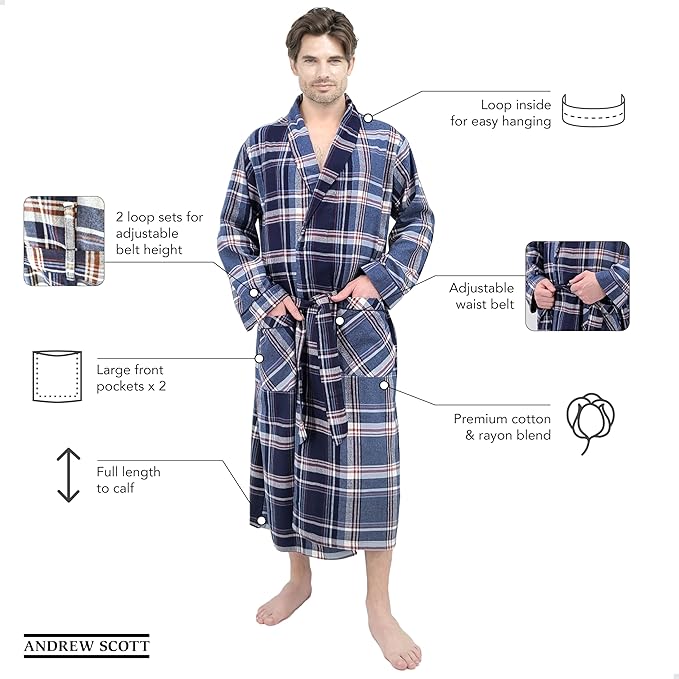 Mens' Full Length House Robe Cotton Flannel Brush Plaid