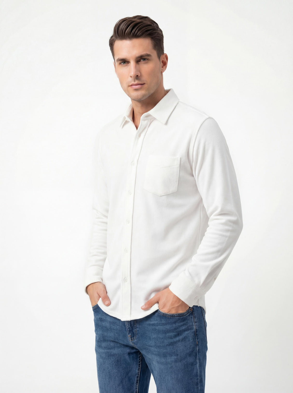Men's French Terry Button Down Long Sleeve Shirts
