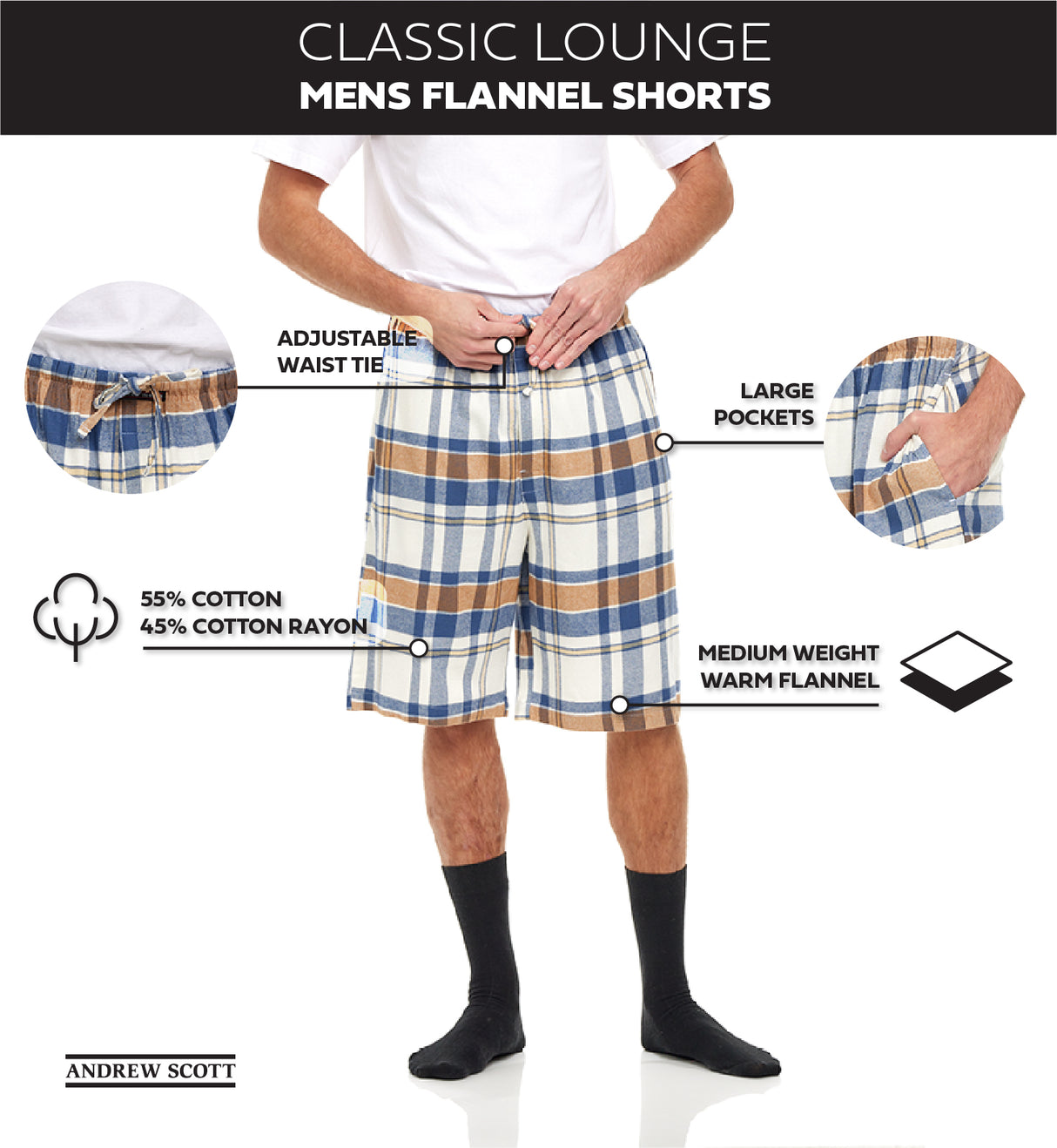 Men's Cotton Flannel Soft Woven Pajama/Lounge Sleep PJ Shorts (MultiPacks)