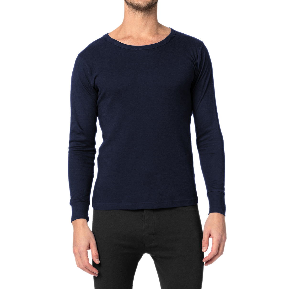 Men's Crew Neck 100% Cotton Flat Knit Long Sleeve Thermal Baselayer Shirt