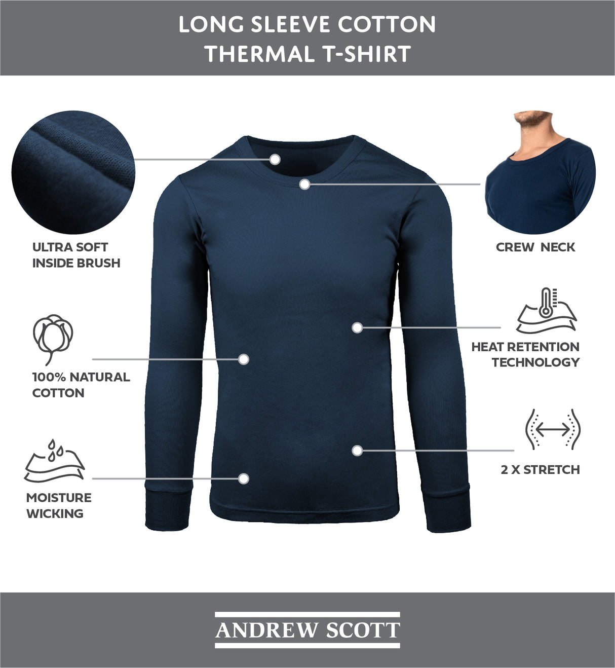 Men's Crew Neck 100% Cotton Flat Knit Long Sleeve Thermal Baselayer Shirt