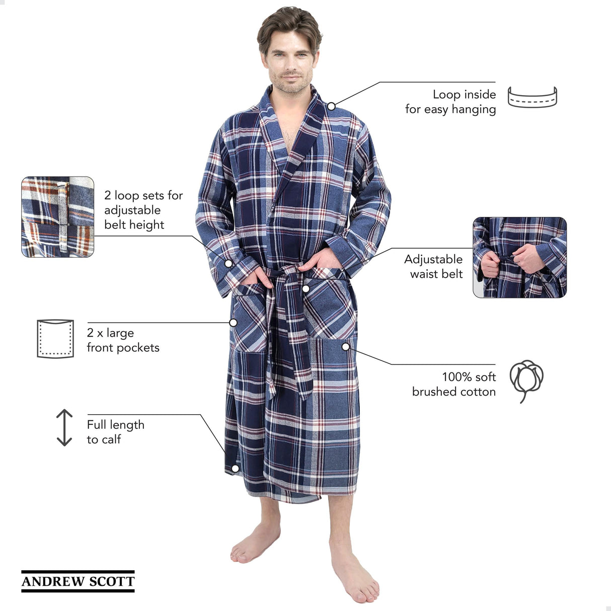 Mens' Full Length House Robe Cotton Flannel Brush Plaid
