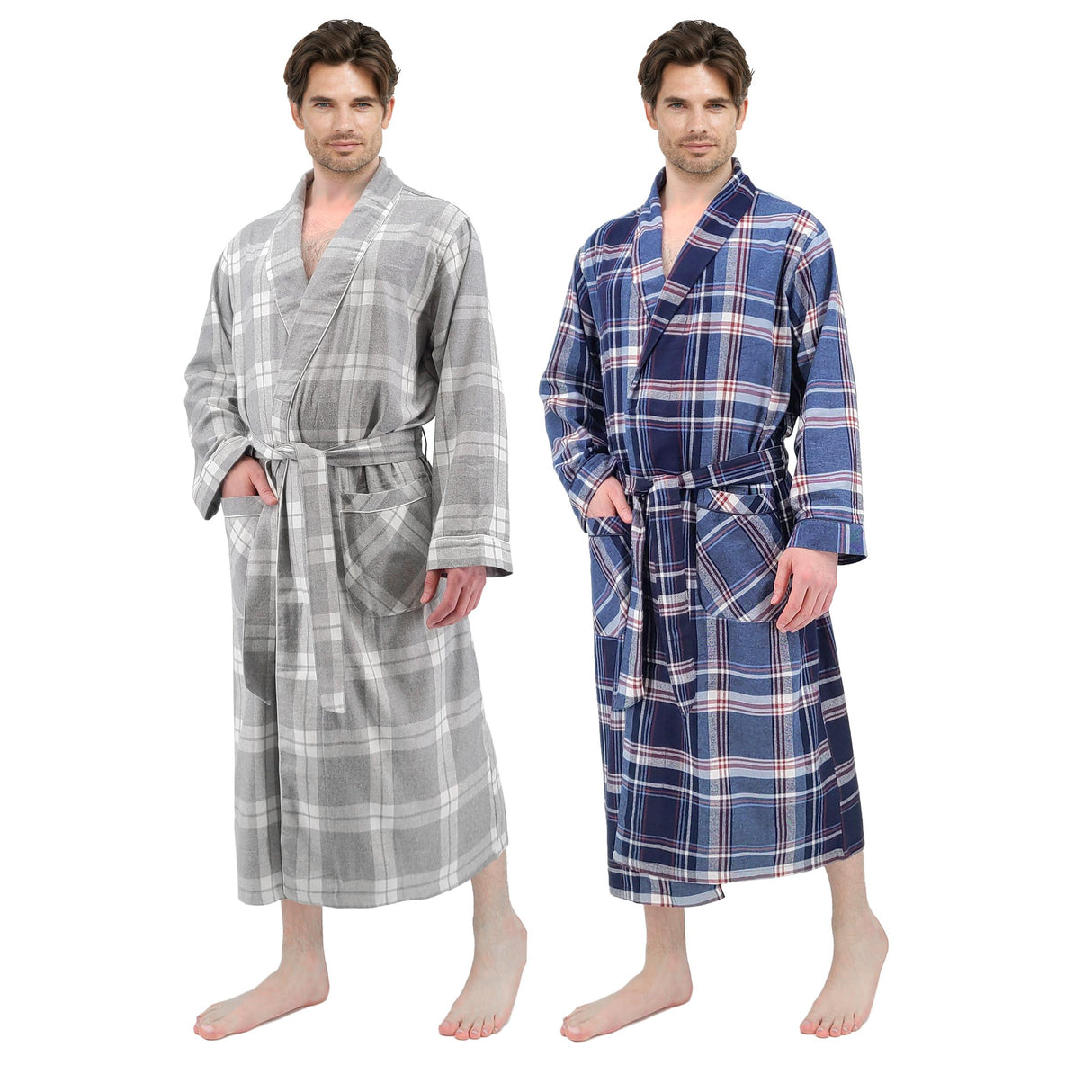 Mens' Full Length House Robe Cotton Flannel Brush Plaid