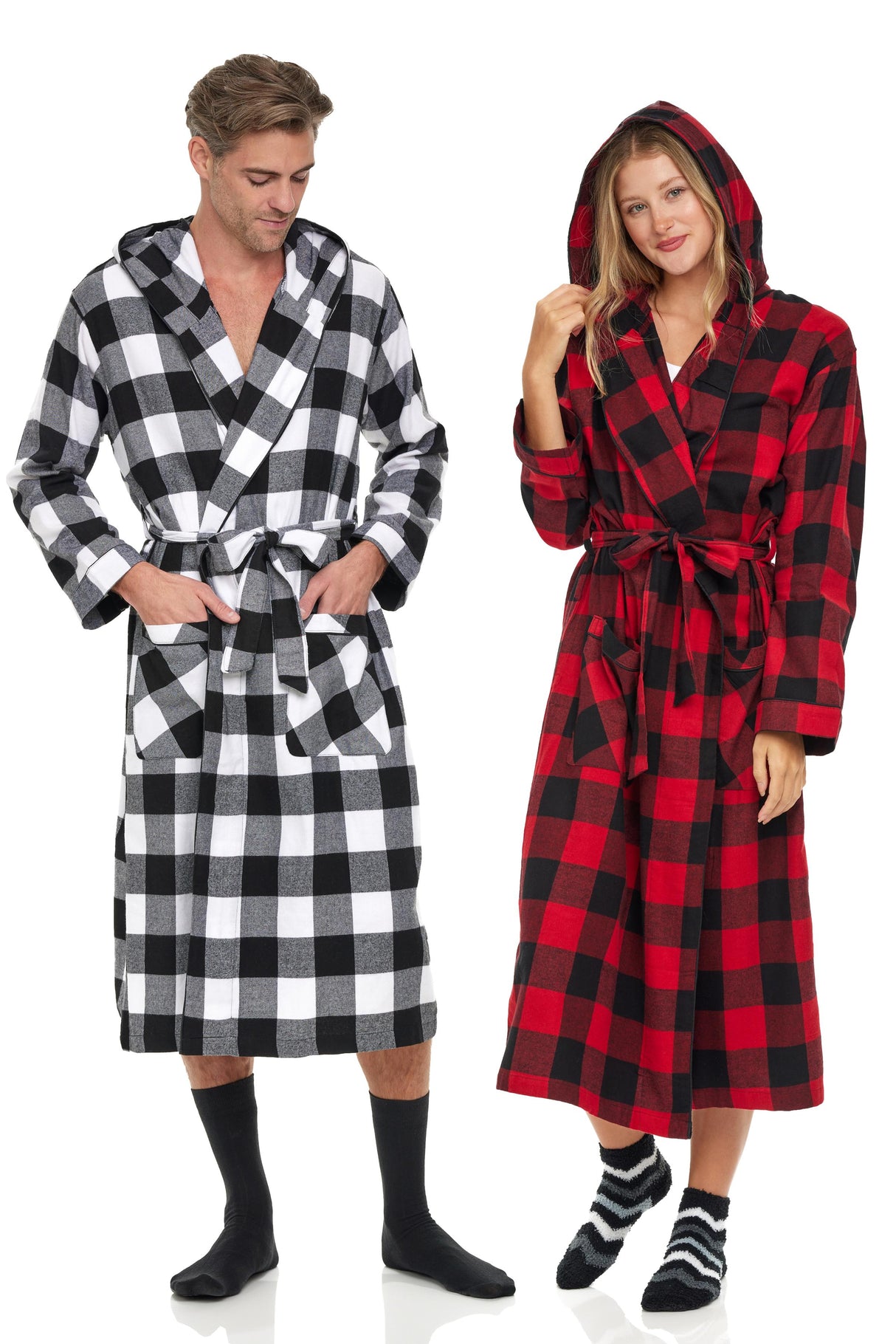 Men's Full Length House Robe Cotton Flannel Brush Plaid with Hoodie