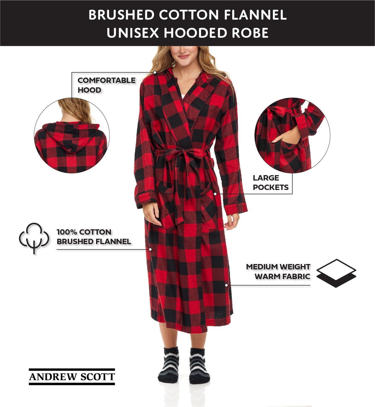 Men's Full Length House Robe Cotton Flannel Brush Plaid with Hoodie