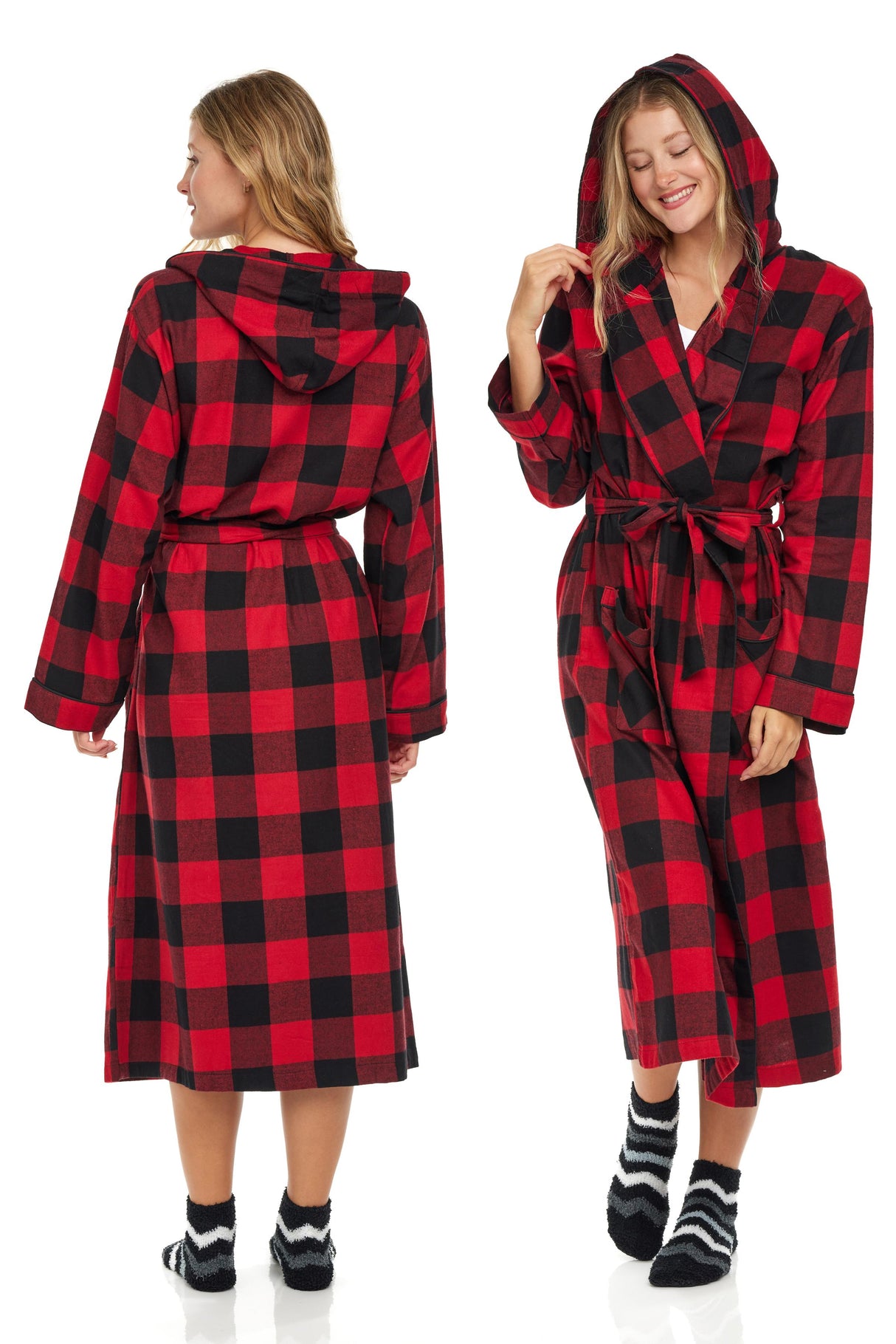 Men's Full Length House Robe Cotton Flannel Brush Plaid with Hoodie