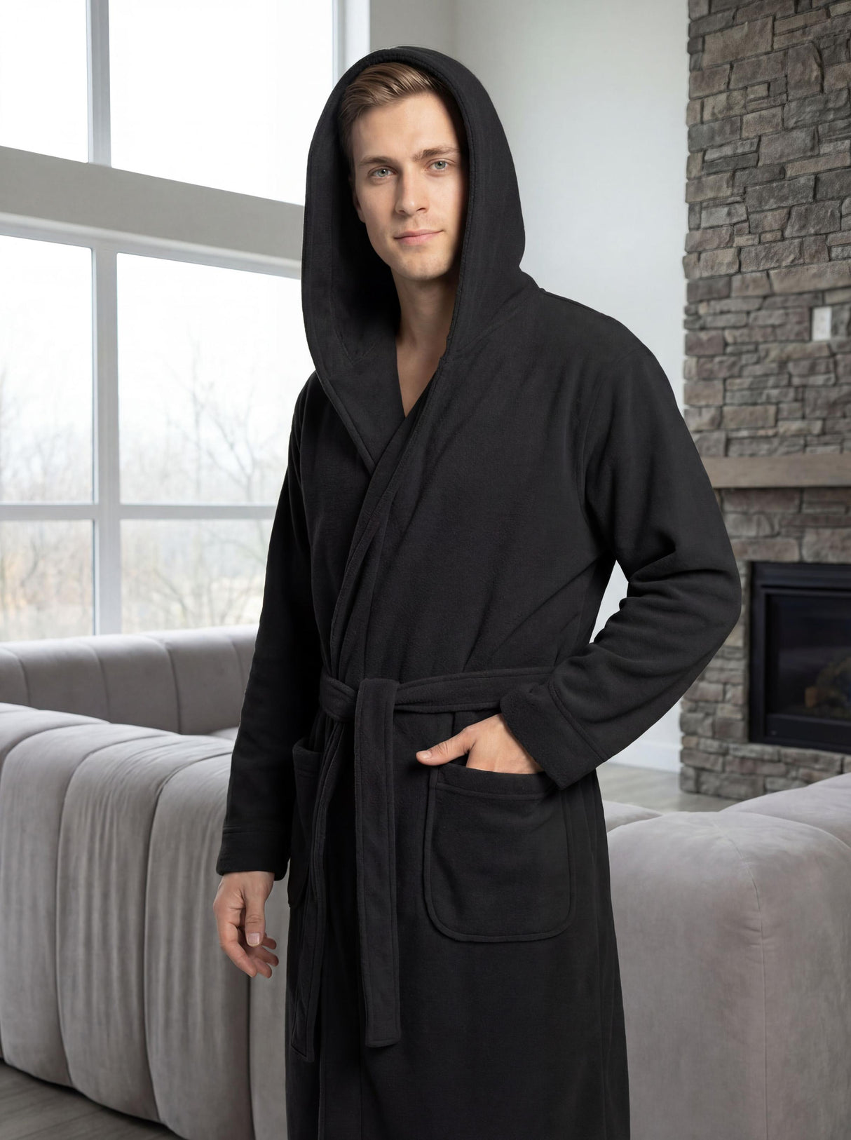 Men's Hooded Plush Fleece Bathrobe