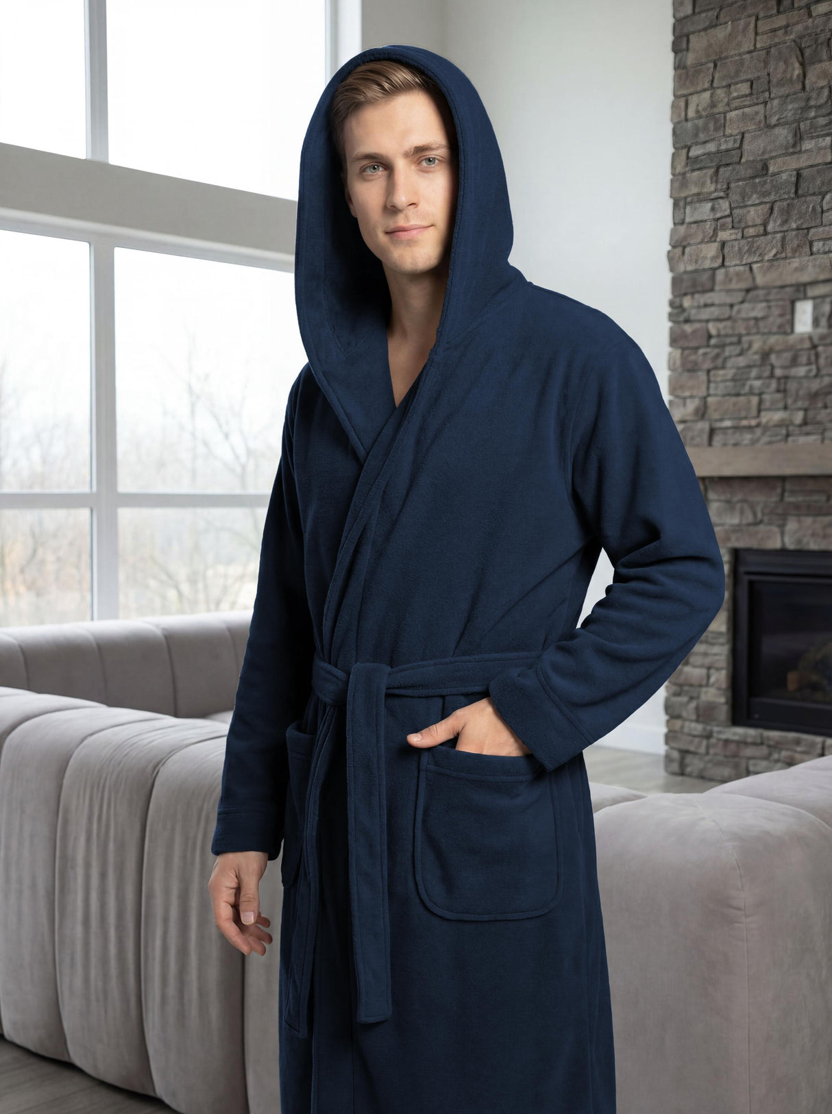 Men's Hooded Plush Fleece Bathrobe