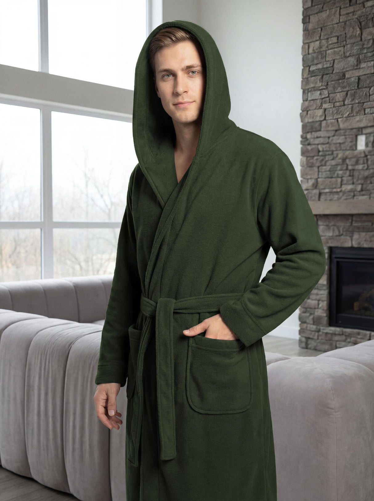 Men's Hooded Plush Fleece Bathrobe