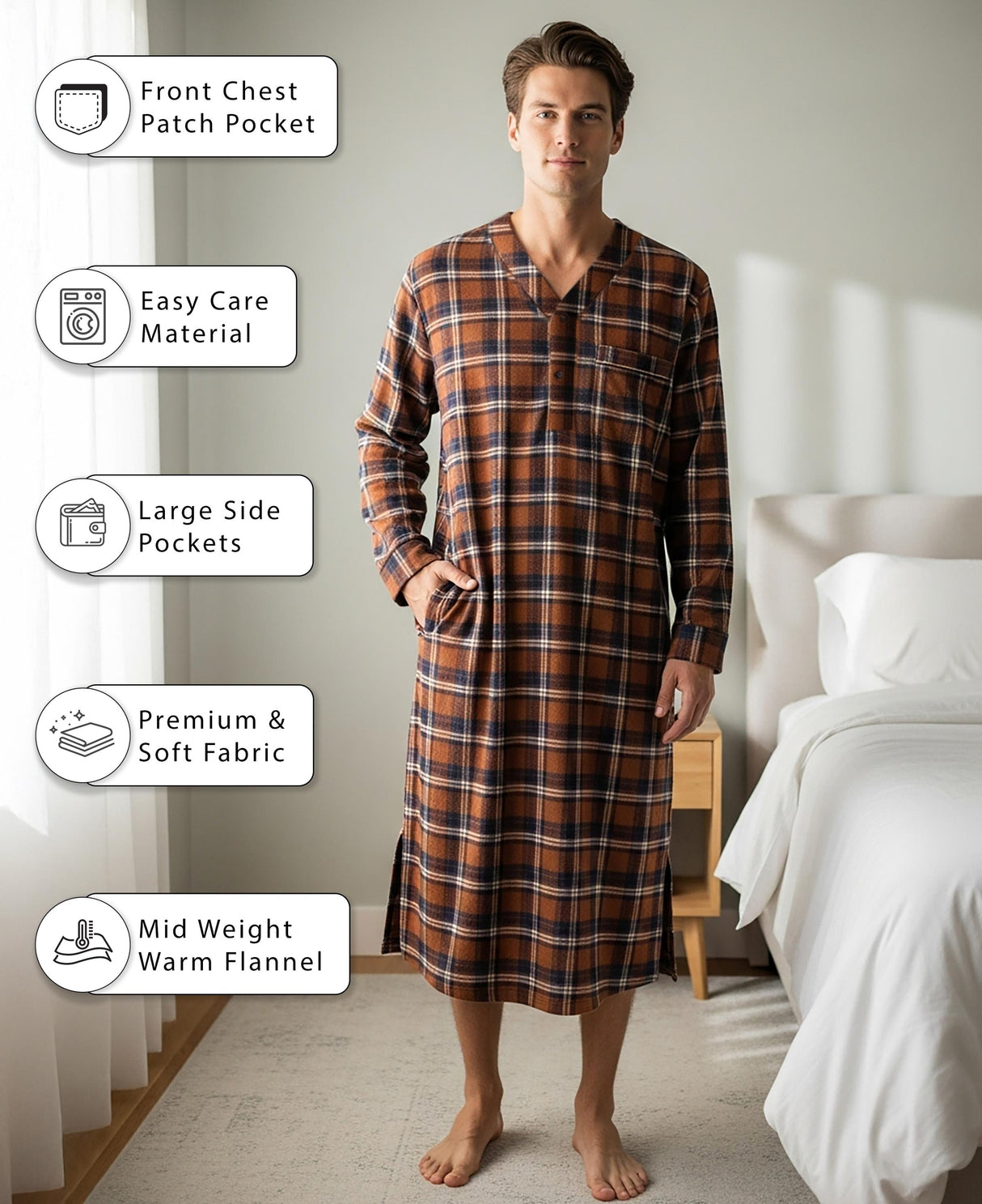 Men's Lightweight Cotton Flannel Sleep Shirt, Long Henley Nightshirt Pajamas
