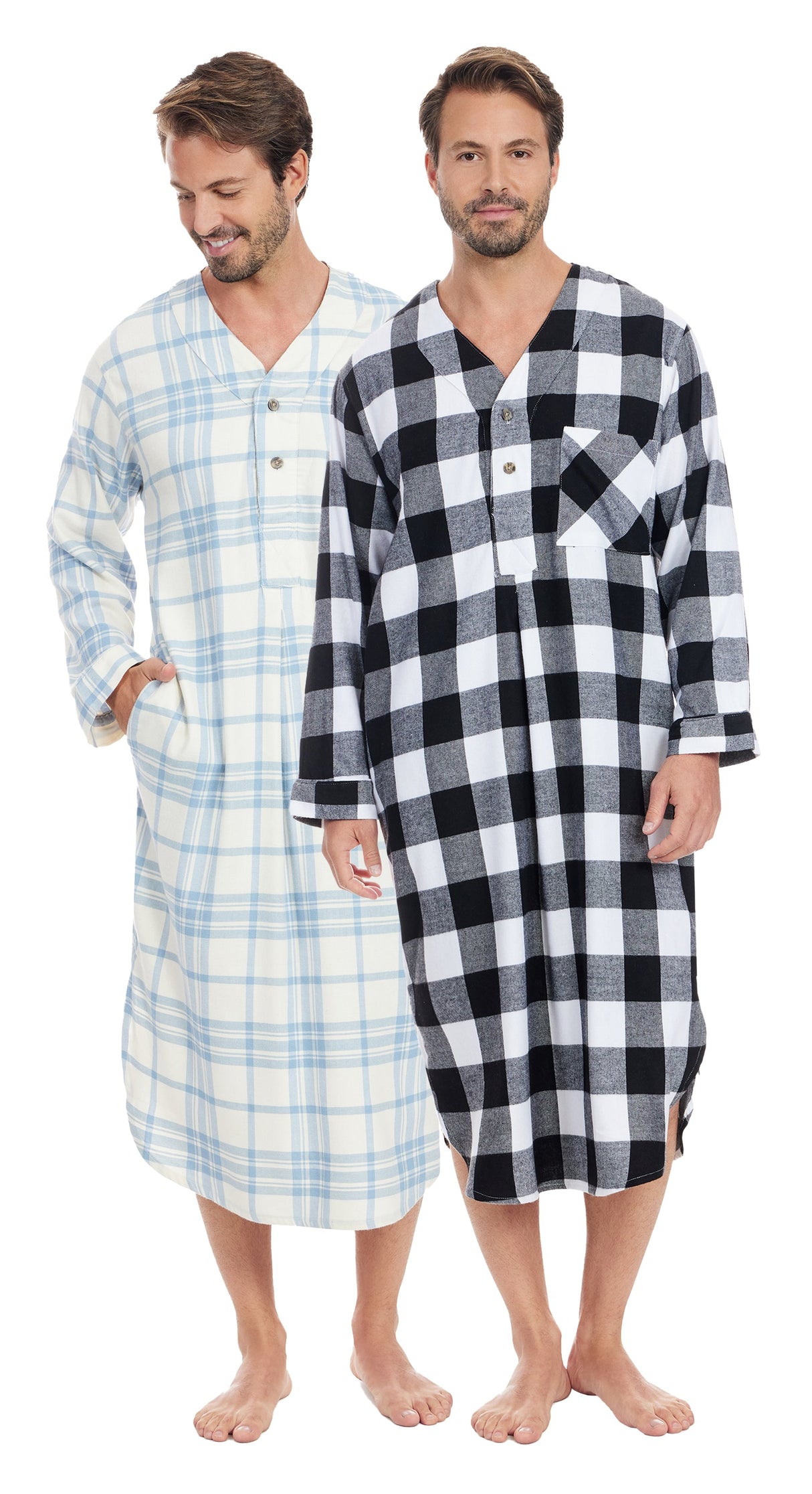 Men's Lightweight Cotton Flannel Sleep Shirt, Long Henley Nightshirt Pajamas