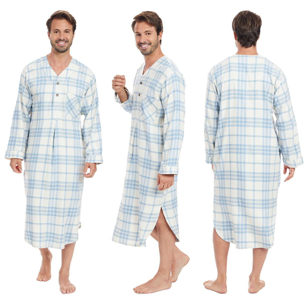 Men's Lightweight Cotton Flannel Sleep Shirt, Long Henley Nightshirt Pajamas