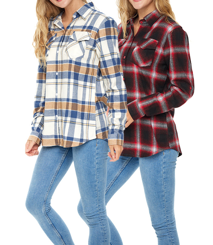 Women's Classic-Fit Long-Sleeve Lightweight Plaid Flannel Shirt (2 Pack)