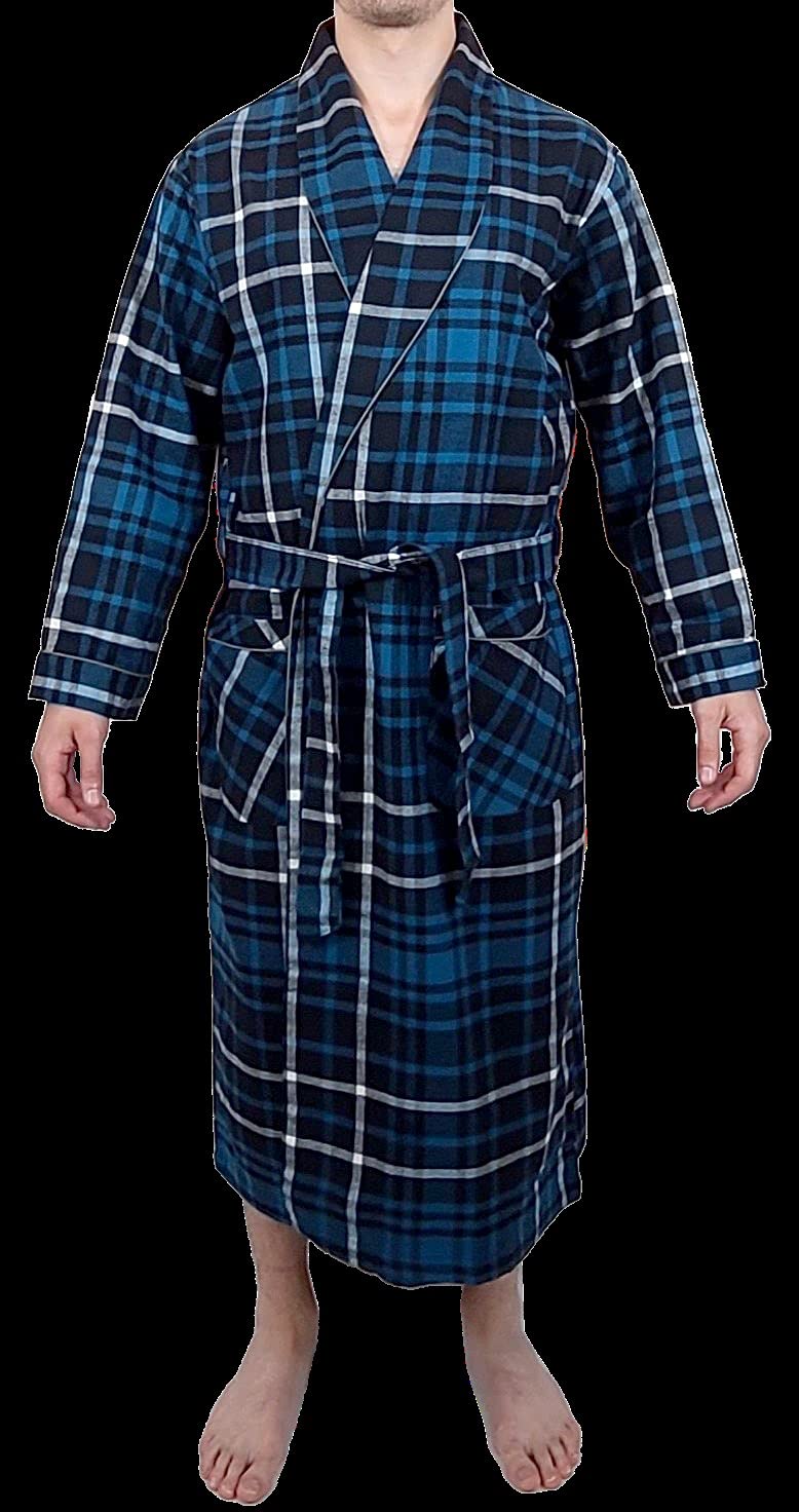 Mens' Full Length House Robe Cotton Flannel Brush Plaid