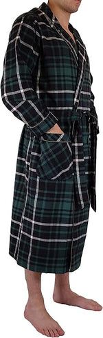 Men's Full Length House Robe Cotton Flannel Brush Plaid with Hoodie