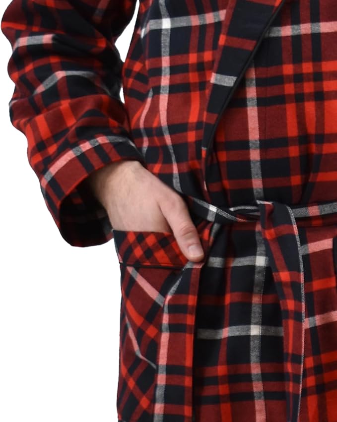 Men's Full Length House Robe Cotton Flannel Brush Plaid with Hoodie