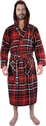 Men's Full Length House Robe Cotton Flannel Brush Plaid with Hoodie