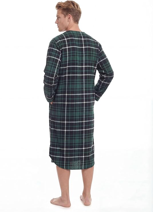 Men's Lightweight Cotton Flannel Sleep Shirt, Long Henley Nightshirt Pajamas