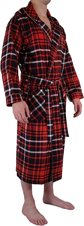 Men's Full Length House Robe Cotton Flannel Brush Plaid with Hoodie