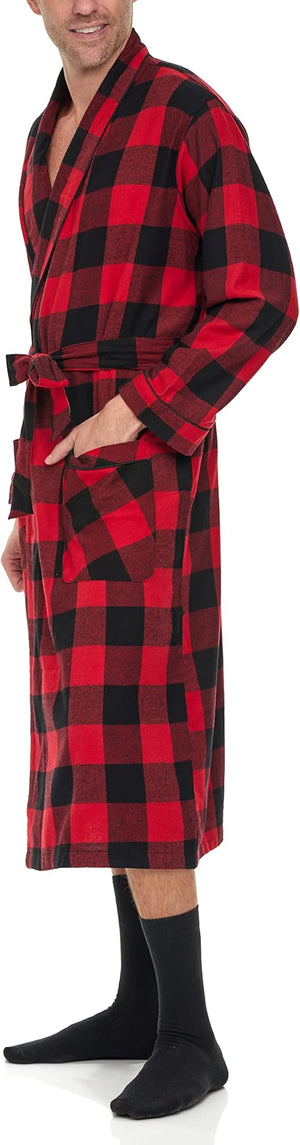 Mens' Full Length House Robe Cotton Flannel Brush Plaid