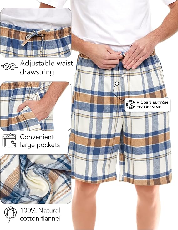 Men's Cotton Flannel Soft Woven Pajama/Lounge Sleep PJ Shorts (MultiPacks)