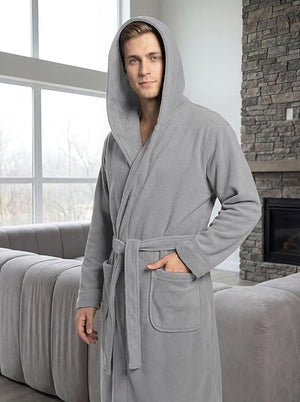 Men's Hooded Plush Fleece Bathrobe
