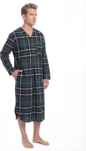 Men's Lightweight Cotton Flannel Sleep Shirt, Long Henley Nightshirt Pajamas