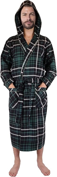 Men's Full Length House Robe Cotton Flannel Brush Plaid with Hoodie