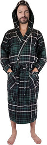 Men's Full Length House Robe Cotton Flannel Brush Plaid with Hoodie