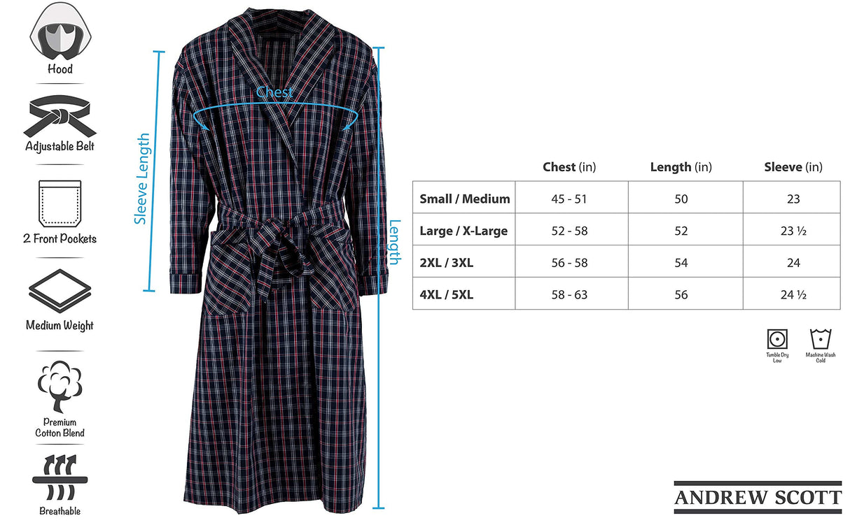 Men's Premium Cotton Blend Woven Lightweight Long Sleep Robe/Bathrobe (2 Pack)