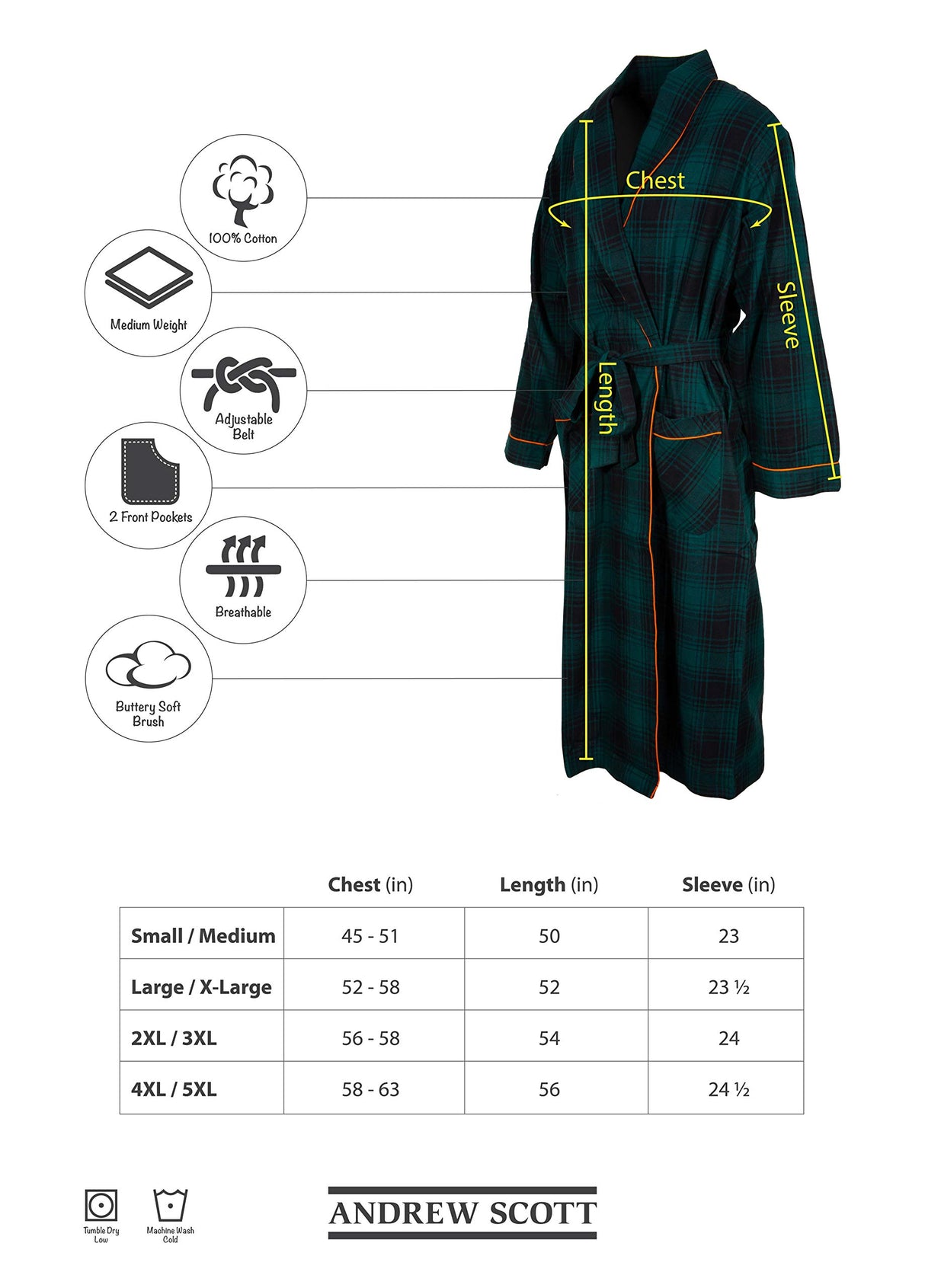 Mens' Full Length House Robe Cotton Flannel Brush Plaid