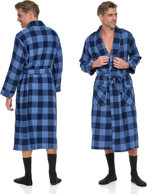 Mens' Full Length House Robe Cotton Flannel Brush Plaid