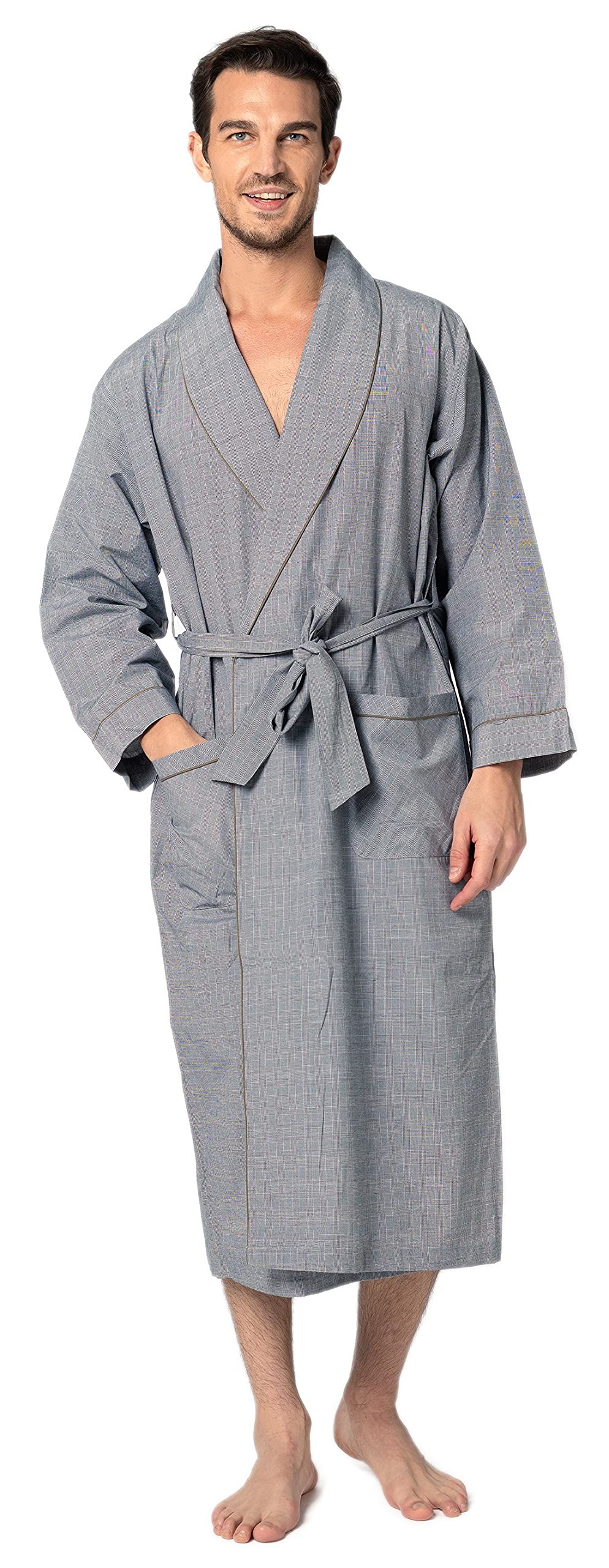 Men's Premium Cotton Blend Woven Lightweight Long Sleep Robe/Bathrobe (2 Pack)