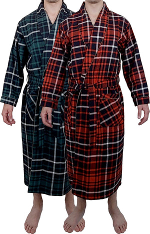 Mens' Full Length House Robe Cotton Flannel Brush Plaid