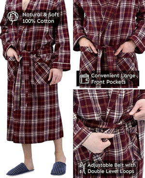 Men's Full Length House Robe Cotton Flannel Brush Plaid with Hoodie