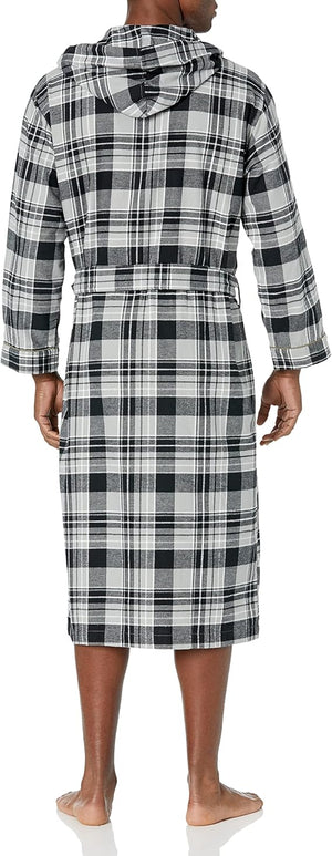 Men's Full Length House Robe Cotton Flannel Brush Plaid with Hoodie