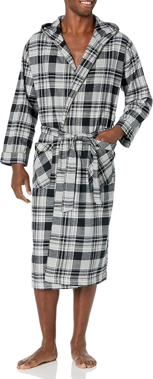 Men's Full Length House Robe Cotton Flannel Brush Plaid with Hoodie