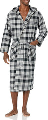 Men's Full Length House Robe Cotton Flannel Brush Plaid with Hoodie