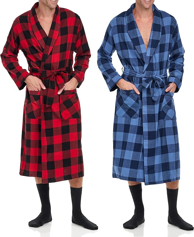 Mens' Full Length House Robe Cotton Flannel Brush Plaid