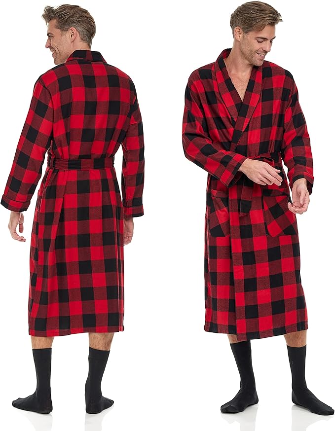 Mens' Full Length House Robe Cotton Flannel Brush Plaid