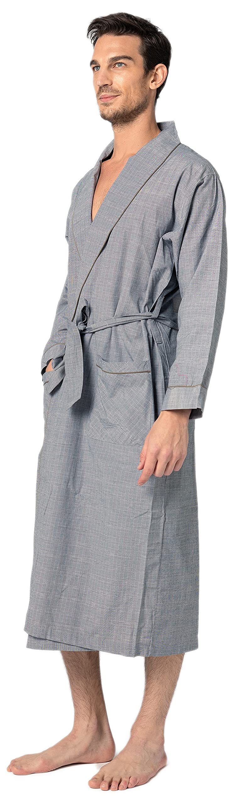 Men's Premium Cotton Blend Woven Lightweight Long Sleep Robe/Bathrobe (2 Pack)