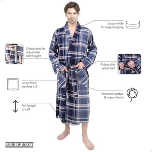 Mens' Full Length House Robe Cotton Flannel Brush Plaid